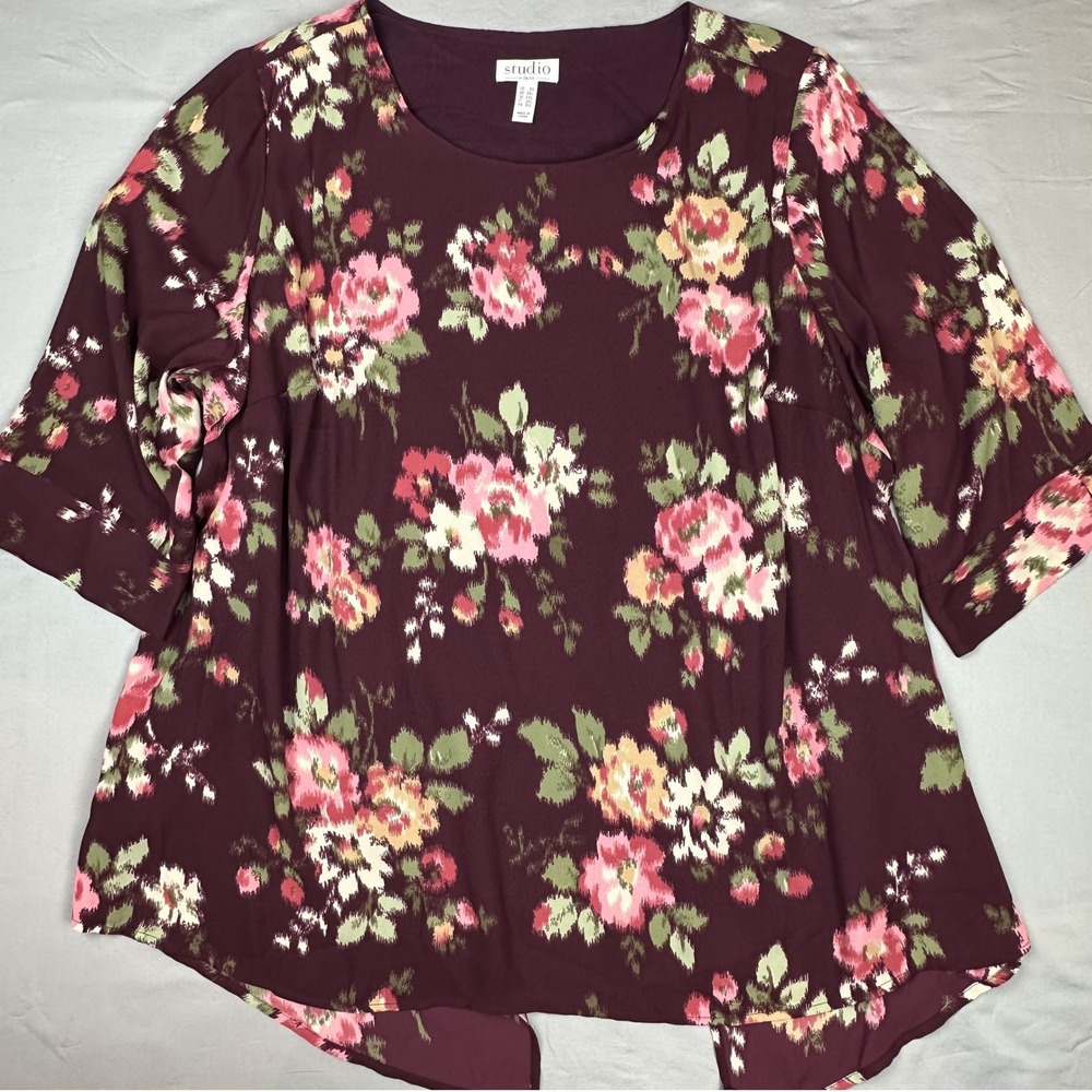 Women Tulip Back Top 2X Burgundy Pink Floral Print 3/4 Sleeve Tunic Dark Cottage - Picture 13 of 13